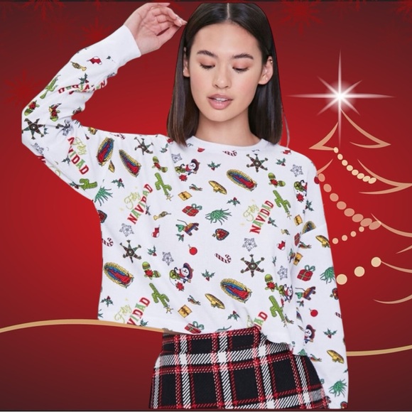 Forever 21 Size M “Feliz Navidad” Long Sleeve Cropped Thermal Top Poly-Spandex - Picture 1 of 6